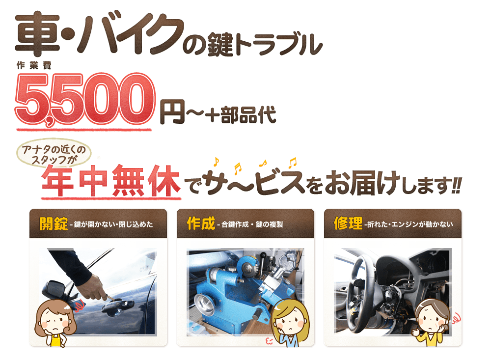 鍵のトラブル5,500円～!!年中無休でサ～ビスをお届けします!!開錠･作成･交換